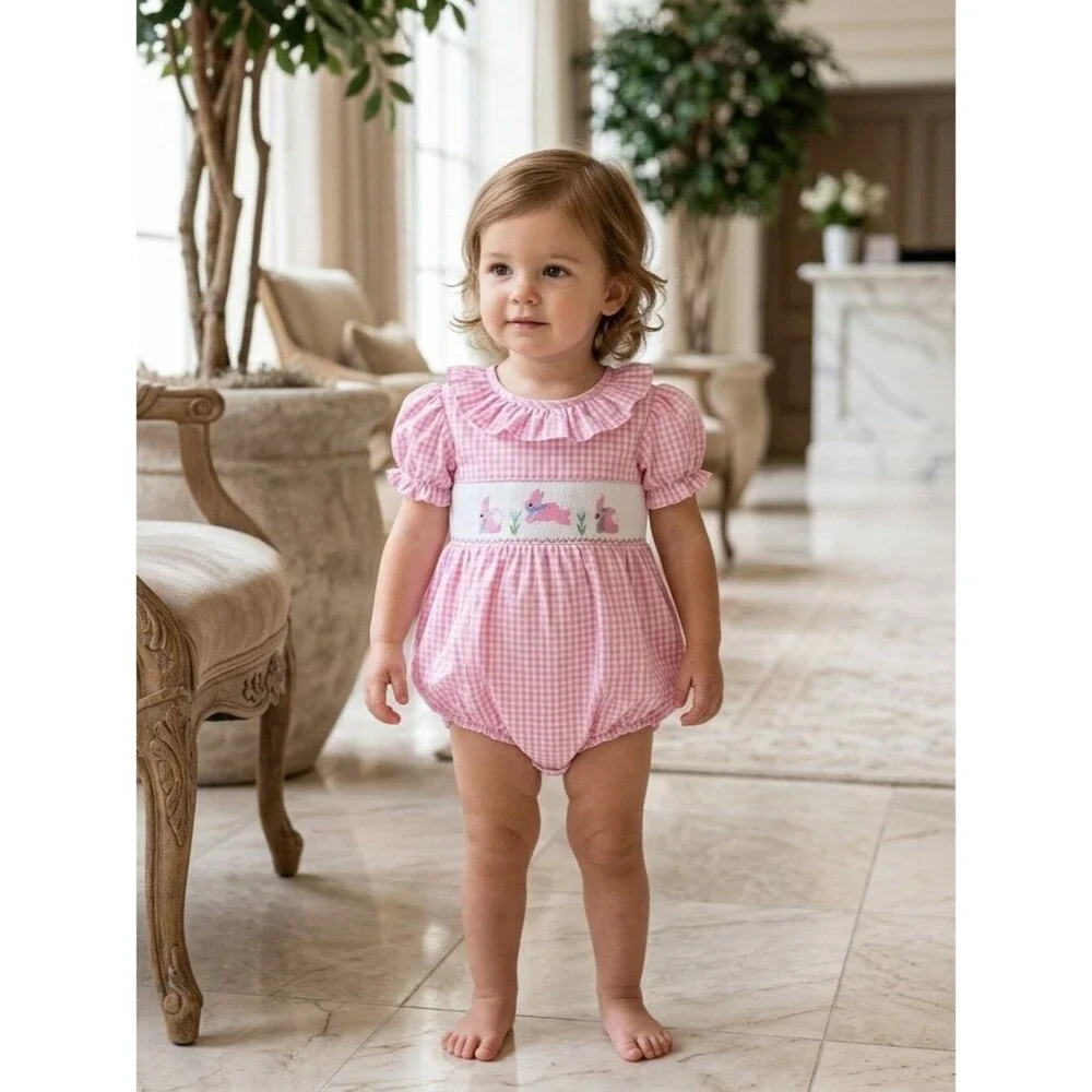 Pink And White Gingham Embroidered Romper Size 12-18 Months